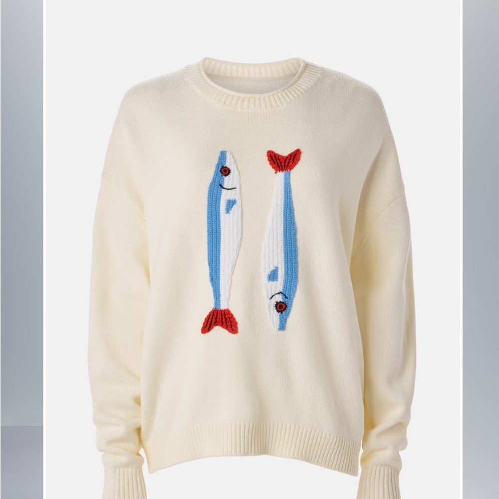 STAUD Giada Cream Sweater with Red and Blue Fish Sardines L